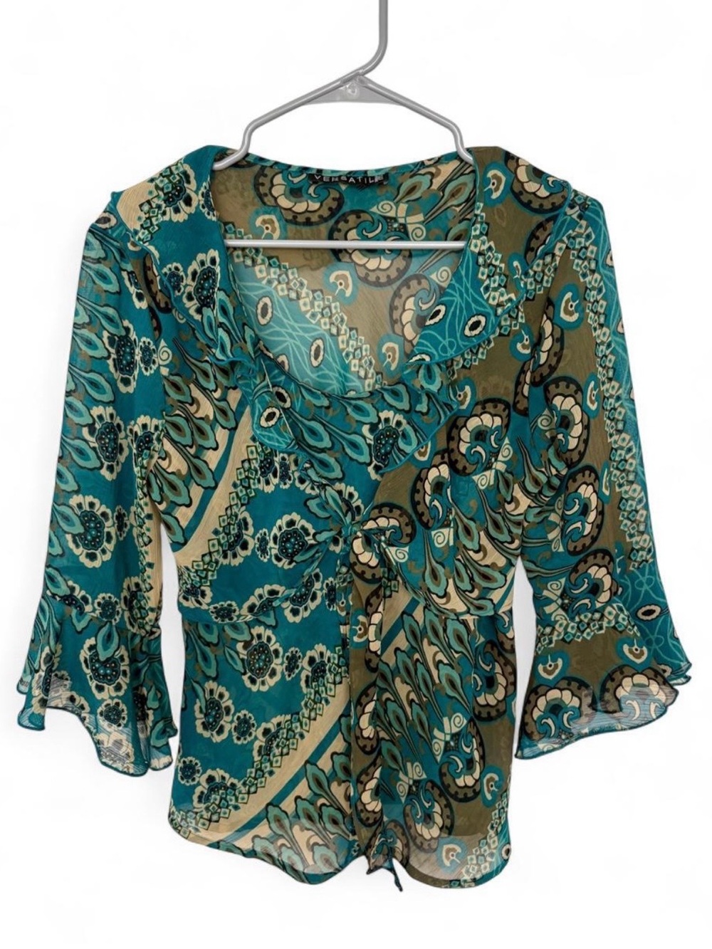Vintage Y2K Versatile Semi Sheer Paisley Tie Front Bell Sleeve Blouse Medium